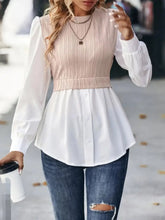 Contrast Round Neck Puff Sleeve Blouse Woman Blouses