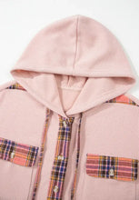 Waffle Knit Plaid Patchwork Drawstring Hooded Shacket Woman Outerwear