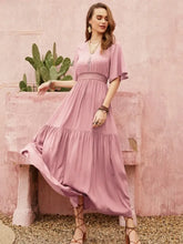 Lace Detail V-Neck Short Sleeve Dress Dusty Pink Woman Casual Dress