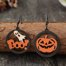 Halloween letter wooden earrings with ghost and hollow pumpkin design