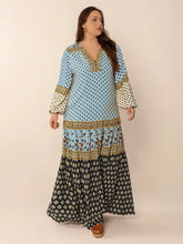 Plus Size Printed V-Neck Balloon Sleeve Maxi Dress Sky Blue Woman Maxi Dress