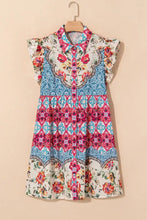 Floral Mixed Pattern Ruffle Flutter Sleeve Buttoned Dress Casual Dresses