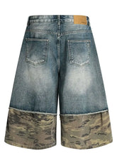 Men's Distressed Camo Panel Denim Shorts Denim Shorts