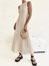 Contrast Stitching Round Neck Sleeveless Midi Dress Woman Casual Dress