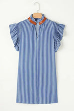 Stripe Frilly Split Neck Shirred Ruffle Sleeve Short Shift Dress Casual Dresses