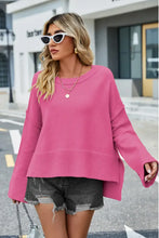 High-Low Slit Round Neck Long Sleeve Sweater Sweater Pullovers