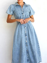 Puff Sleeve Button Front Denim Midi Dress Woman Dress