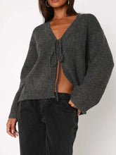 Open Front Tied Sweater Cardigan Dark Gray Cardigans