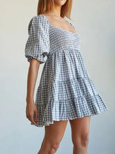Ruffled Hem Plaid Half Sleeve Mini Dress Light Blue Casual Dresses