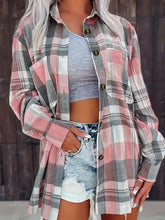 Pocketed Plaid Collared Neck Shacket Dusty Pink Woman Outerwear