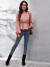 V-Neck Balloon Sleeve Peplum Blouse Woman Blouses