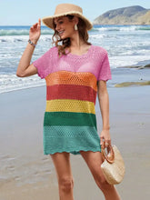 Openwork Round Neck Short Sleeve Cover-UP Rainbow Swimwear Cover-Ups