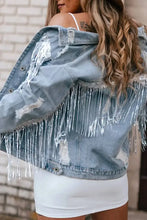 Sequin Fringe Trim Distressed Button Up Denim Jacket Woman Outerwear
