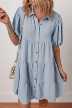 Button Up Puff Sleeve Tiered Shirt Dress Woman Casual Dress
