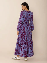 Printed Tie Neck Balloon Sleeve Maxi Dress Maxi Dresses