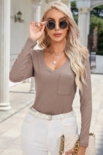 Ribbed V-Neck Long Sleeve Blouse with Pocket Mocha Woman Blouses