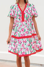 Floral Print Contrast Trim V Neck Bubble Short Sleeve Babydoll Dress Casual Dresses