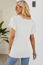 White smocked round neck flutter sleeve T-shirt in textured fabric