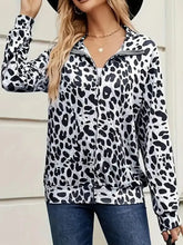 Full Size Leopard Collared Neck Zip Up Jacket Black White Woman Outerwear