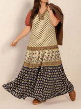 Plus Size Ruched Printed Short Sleeve Midi Dress Tan Casual Dresses