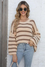 Round Neck Dropped Shoulder Striped Sweater Apricot One Size Sweater Pullovers