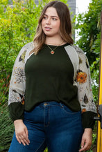 Plus Size Floral Waffle-Knit Round Neck Blouse Army Green Woman Blouses