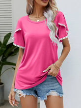 Pom-Pom Trim Flutter Sleeve Round Neck Tee Hot Pink Woman T Shirts