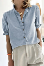 Ruffle Short Puff Sleeve Button Down Denim Shirt Woman Denim Tops