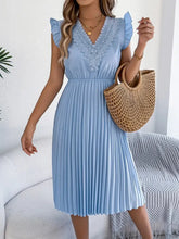 Lace Detail Ruffled Cap Sleeve Pleated Dress Sky Blue Casual Dresses
