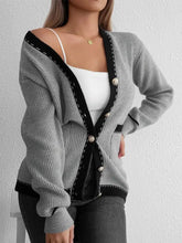 Contrast Trim Button Up Long Sleeve Cardigan Gray One Size Woman Outerwear