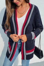 Open Front Striped Long Sleeve Cardigan Dark Navy Woman Outerwear