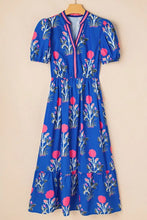 Floral Puff Short Sleeve Notched High Waist Dress Casual Dresses