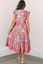 Tribal Paisley Print Ruffled Sleeve Notch Neck Midi Dress Casual Dresses