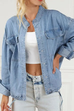 Drawstring Snap Down Denim Jacket with Chest Pockets Woman Outerwear