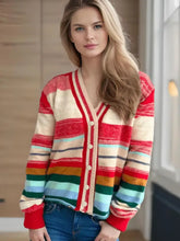 Striped Button Down V-Neck Long Sleeve Cardigan Woman Outerwear