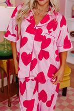 Heart Collared Neck Short Sleeve Top and Pants Lounge Set Pink Woman Loungewear Sets
