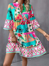 Printed Notched 3/4 Sleeve Tiered Dress Woman Casual Dress