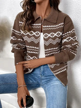 Perfee Geometric Zip Up Collared Neck Long Sleeve Cardigan Casual Dresses