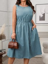 Plus Size Striped Round Neck Sleeveless Dress Teal Woman Casual Dress