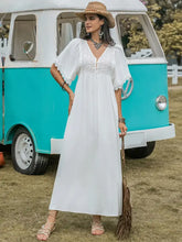 Lace Detail Eyelet V-Neck Half Sleeve Dress Woman Maxi Dress