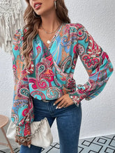 Printed Surplice Smocked Lantern Sleeve Blouse Floral Woman Blouses
