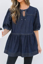 Tie Neck Babydoll Denim Top Navy Woman Denim Tops