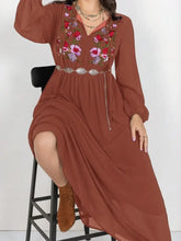 Plus Size Embroidered Tie Neck Long Sleeve Dress Woman Maxi Dress