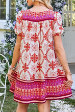 Boho Floral Short Sleeve Tie Neck Mini Dress Woman Casual Dress