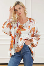 Printed V-Neck Smocked Balloon Sleeve Blouse White Woman Blouses