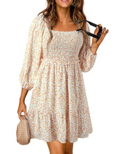 Smocked Floral Square Neck Dress Apricot Woman Casual Dress