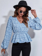 Floral V-Neck Balloon Sleeve Peplum Blouse Woman Blouses