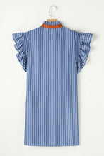 Stripe Frilly Split Neck Shirred Ruffle Sleeve Short Shift Dress Casual Dresses