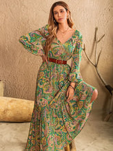 Printed Tie Neck Long Sleeve Dress Woman Maxi Dress
