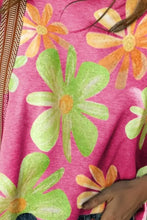 Flower printed boat neck half sleeve T-shirt in vibrant pink with green orange flowers